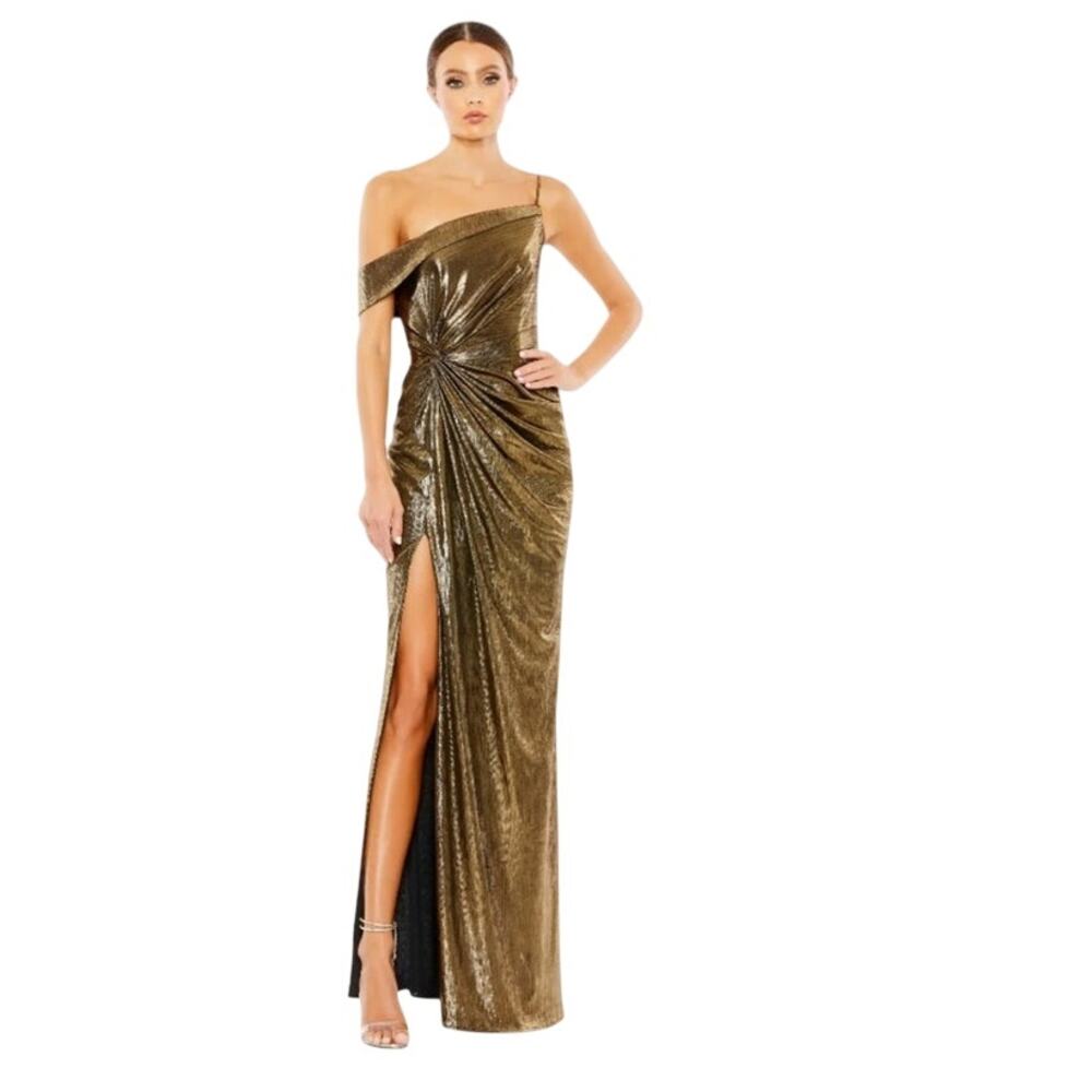 Ieena MacDuggal metallic liquid gold off the shoulder maxi gown size 12 - Picture 1 of 13